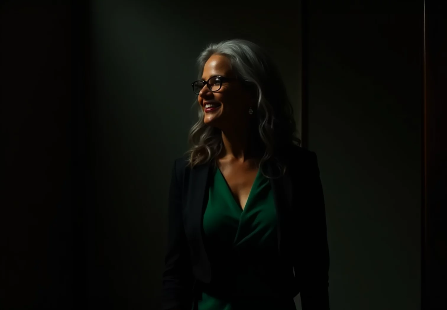 A senior Executive Assistant standing in a dimly lit office