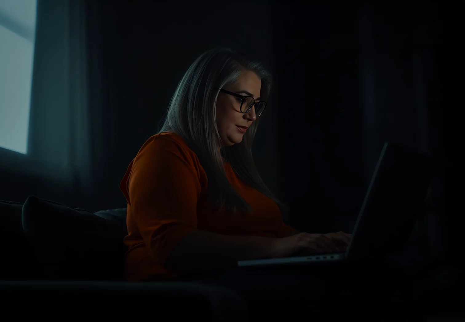 An Executive Assistant working at a laptop in a dimly lit room